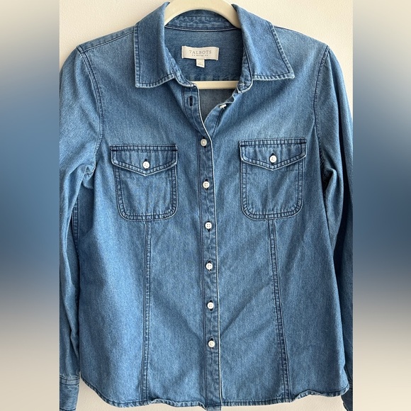 Talbots Petites Denim Button-Up Shirt, Medium Wash Chambray Shirt, Size SP - Picture 5 of 15